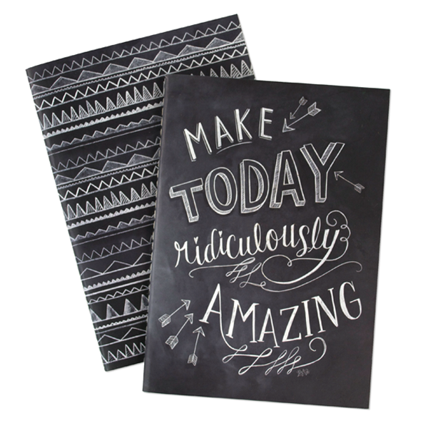 Lily and Val Set of 2 Chalk Print Notebooks. One notebook has the quote 'Make Today Ridiculously Amazing' and the other a black and white aztec design. Both notebooks come together tied up in string