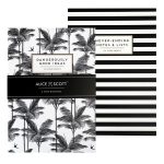 Alice Scott Set of 2 Notebooks. One notebook is black and white striped with the words 'Never Ending Notes ans Lists and the other is a tropical palm print notebook in one of Alice Scott's favourite designs with the words 'Dangerously Good Ideas. Eacg feature gold foil detailing.
