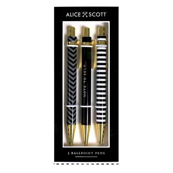 Alice Scott Pen Set. Set of 3 Boxed Ballpoint pens. One pen has the quote 'Note to Self, in gold foil detailing, the other is a black and white aztec design and the third is a black and white stripe design. All come in a beautiful gift box ready to gift.