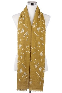 Wisteria London Beatrice Floral Print Scarf. Embossed two colour flower print frayed scarf. Also avaialable in Beige