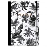 Alice Scott B5 Notebook. Beautifully bound with a fun tropical inspired print featuring palm trees and parrots. Notebook contains 160 lined pages and has a bookmark and elasticated closure.