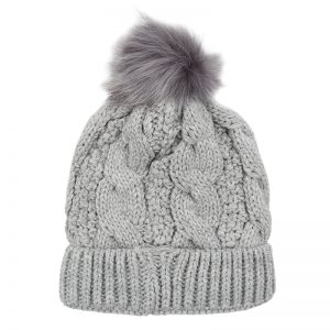 Grey Chunky Knit Bobble Hat with Faux Fur Pom Pom. Also available in Pink, Black, White and Red