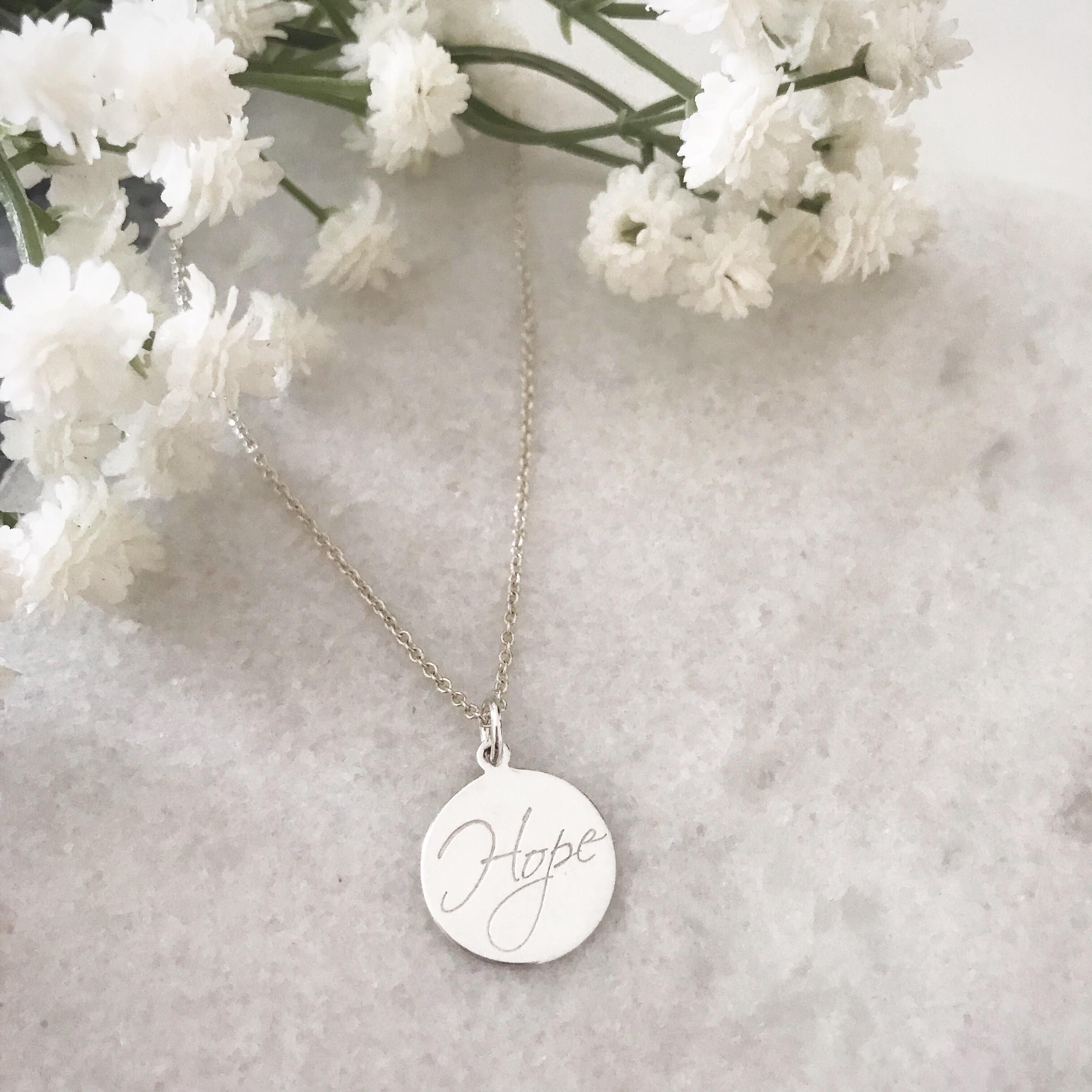 Sterling Silver Hope Necklace - Engraved Pendant - Wisteria London