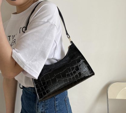 Maddie Black Croc Effect Baguette Bag