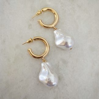 Gold Pearl Dangle Hoop Earrings