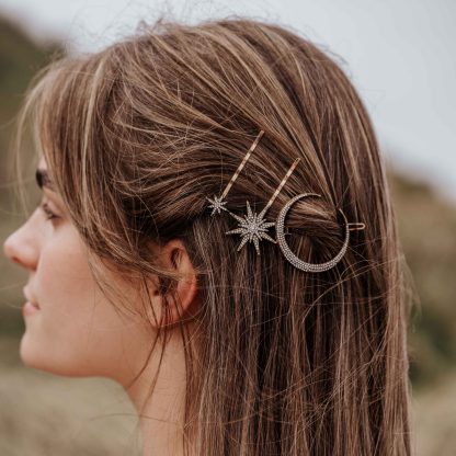 Model Wears Luna Gold Moon and Star Hair Slides