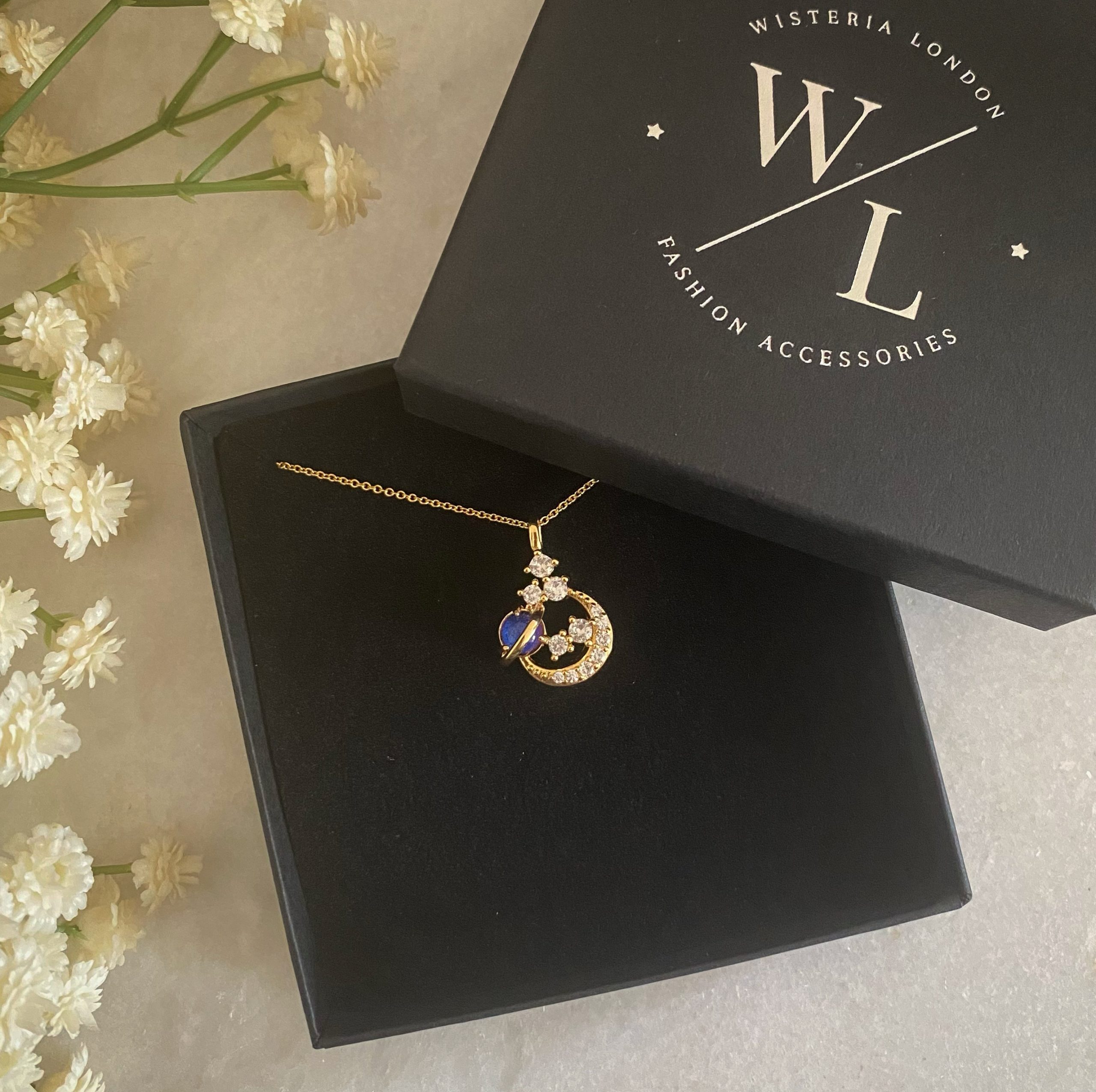 Aura Gold Blue Planet Moon and Star Necklace - Wisteria London