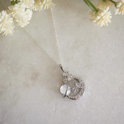 Aura Silver White Planet Moon and Star Necklace
